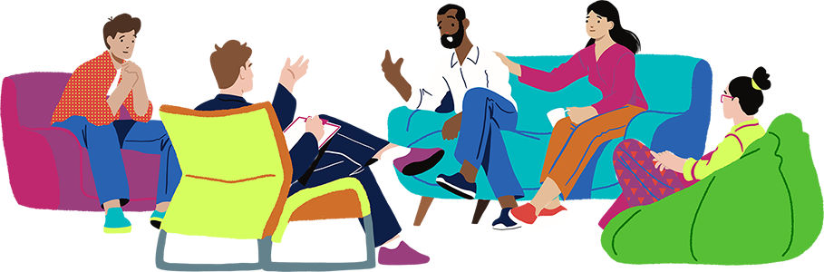 People on a sofa, talking